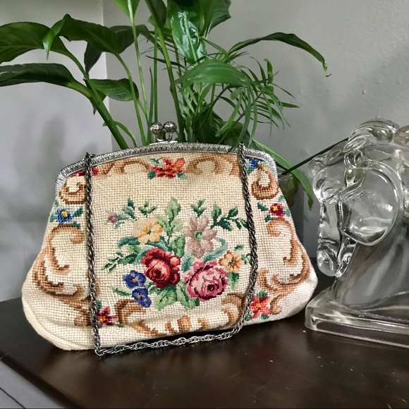 Vintage Handbags - Vintage Floral Needlepoint Handbag, Metal Frame